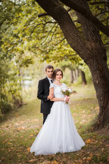 Happy wedding couple. Bride and groom embracing in the park. Sunny autumn day