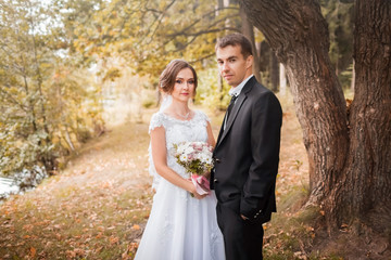 Happy wedding couple. Bride and groom embracing in the park. Sunny autumn day