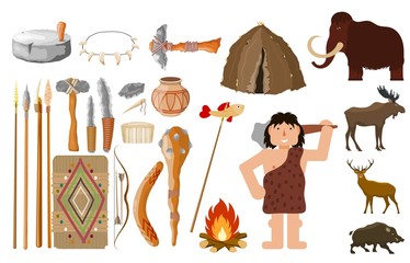 Cartoon style set of primitive man objects on a white background Objects of life and hunting silhouettes of animals, housing and  man Vector illustration of a collection of tools of a caveman