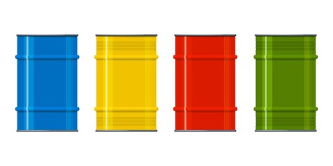 Set of multi-colored metal barrels on a white background. Containers for liquid products. Element of design. Vector illustration