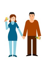Young woman ice cream and man with bottle. Young lovers on a date. Vector illustration of relationship and love.