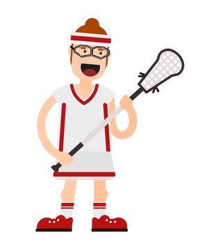 Flat color image of a player in lacrosse with a stick on a white background. Vector illustration