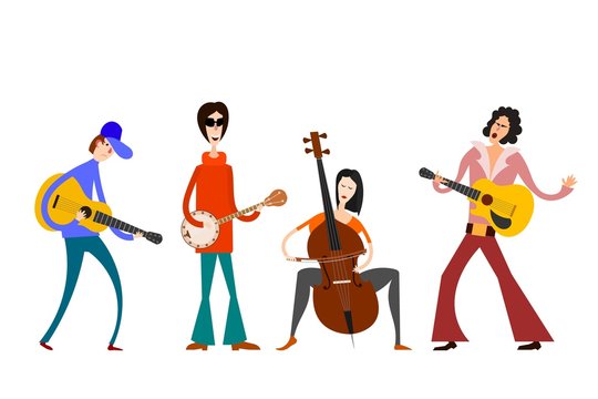 Street Orchestra. Figures of musicians with musical instruments on a white background. Vector illustration of a street band in the style of Cartoon