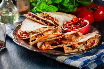 Mexican Quesadilla with chicken, sausage chorizo and red pepper