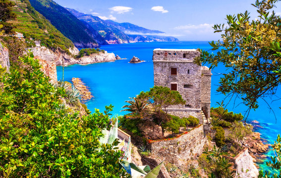 Cinque terre villages - scenic Monterosso al mare , view with medieval castle. Italy, Liguria