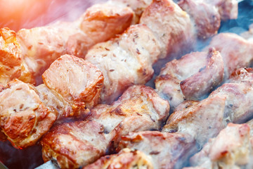 Barbecue skewers with meat on the brazier. Pork shish kebab