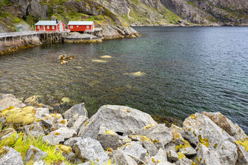 Typical norwegian red houses Rorbu in Lofoten village