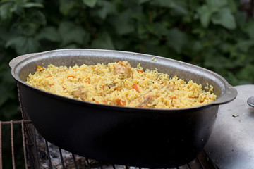 food, rice, meal, dish, vegetable, dinner, cuisine, chicken, pan, meat, cooking, fried, healthy, paella, curry, tomato, vegetables, bowl, pepper, fresh, hot, red, closeup, isolated, plate
