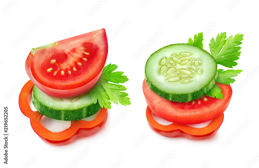 Poster isolated vegetable pieces. two images of tomato, cucumber and red bell pepper slices (fresh salad in