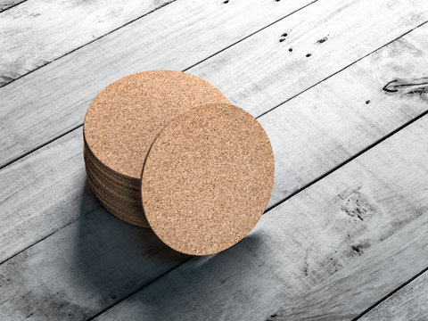 Stack of Round Cork pads, beer coaster Mockup on the white wooden table