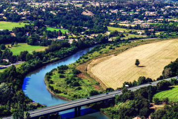 Aerial view of the bridge and the road over the river