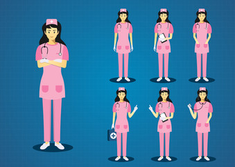 The professional young woman  pink scrub nurses long black hairs all action character design set 