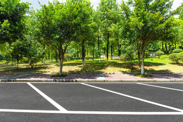 Urban open-air parking lot and park trees landscape in summer - obrazy, fototapety, plakaty