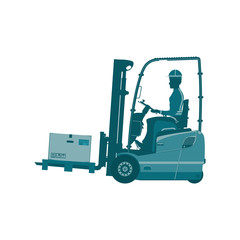 Warehouse forklift. One color forklift truck with a cargo on a palette for infographic. Flat vector.