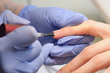 Professional manicure process in beauty salon.