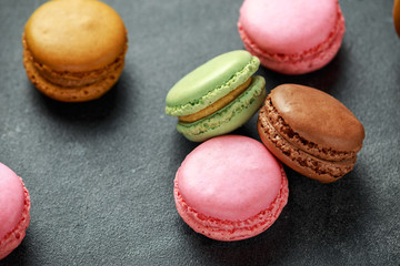Sweet colorful macarons dessert, almond cake, cookies. selected focus.