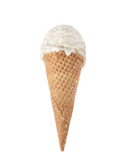 Vanilla ice cream scoop with cone isolated on white background