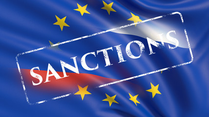 3D text Sanctions on a background with a flag of Russia and EU. Waved highly detailed fabric...