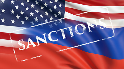 3D text Sanctions on a background with a flag of Russia. Waved highly detailed fabric texture. 3D illustration.