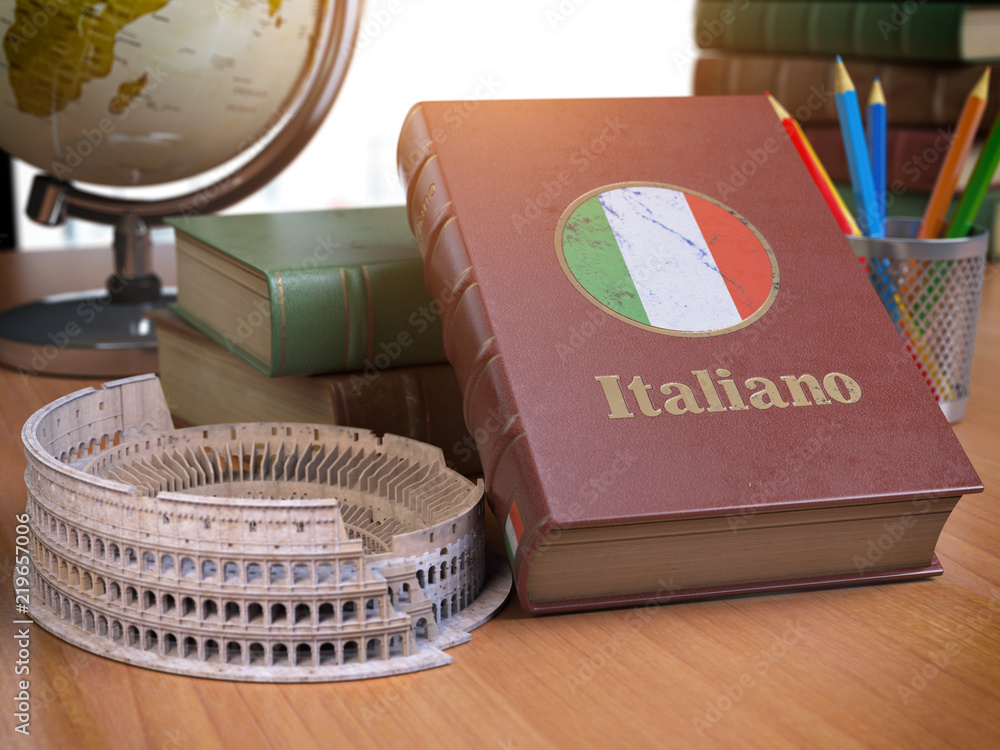 Poster Studying and learn Italian concept. Book with flag of Italy and Coliseum on the table.
