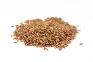 A pile of uncooked red rice against a white background, with a shallow depth of field