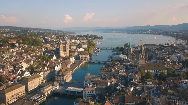 Cityscape of Zurich, the biggest city in Switzerland. Aerial view