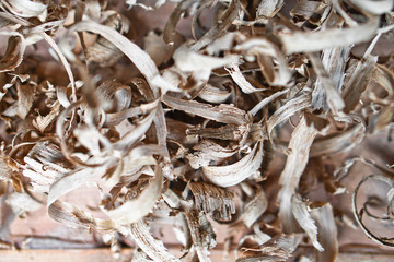 Beautiful carpentry background. Sawdust in focus and with a blurry image. Abstract composition for design. Stock photo.