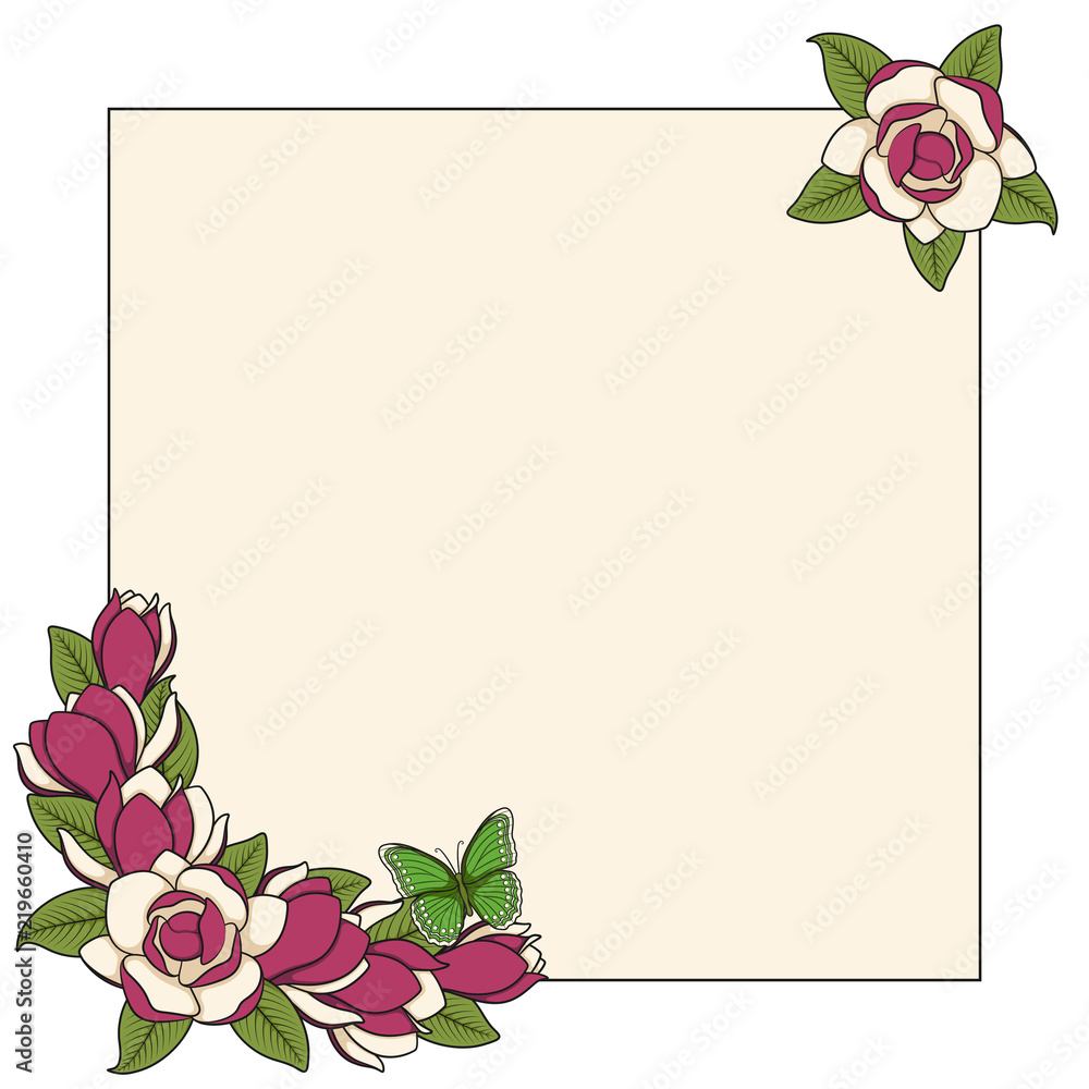 Poster frame with magnolia flowers and a butterfly. isolated vector objects on a white background.