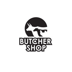 monochrome label of farm animals cow, chicken and sheep for butcher shop