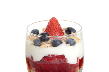 closeup isolated strawberry and blueberry parfait