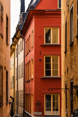 building facade on old narrow street in Stockholm. Sweden.