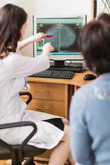 The young breast specialist showing the ultrasound examination on a monitor to the patient in her...