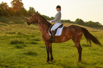 Young woman riding a horse on the green field