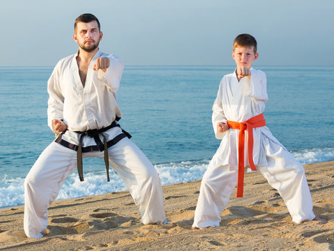 Man and boy doing karate poses