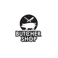 monochrome label of farm animal pig and knife for butcher shop