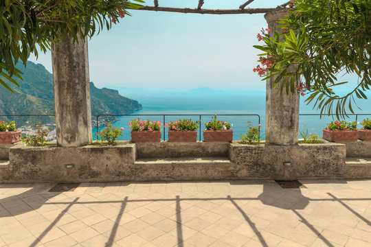 Pergola on the terrace. Mediterranean Sea. Ravello. Italy.