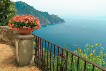 Wonderful garden terrace of Villa Rufolo, Ravello, Amalfi coast, Italy.