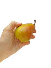 Juicy bright pears in hand, isolated on white background. Eat fruit every day, it is very beneficial for the body. Ripe tasty pears are rich in fiber. How Much Fruit Should You Eat per Day? Vegan, raw