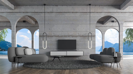Modern loft living room concrete wall 3d rendering