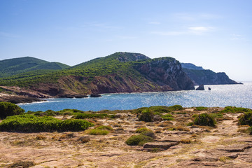 Alghero, Sardinia Italy - Panoramic view of the Cala Porticciolo gulf with cliffs over the Cala Viola gulf in the Porto Conte Regional Park
