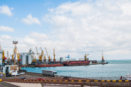 Odessa, Ukraine. Black sea port with cranes and containers. Port of Odessa is the largest Ukrainian seaport with annual traffic capacity of 40 million tonnes