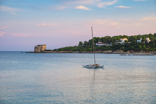 Alghero, Sardinia, Italy - Panoramic view of the Spiaggia di Lazzaretto beach at the Gulf of Alghero in the Porto Conte Regional Park
