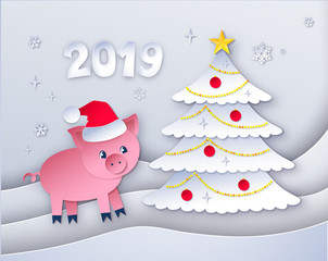 New Year tree and cute pig character