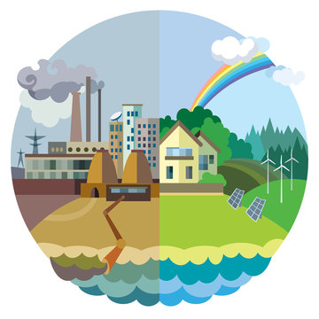 Ecology Concept Vector: urban and village landscape. Environmental pollution and environment protection