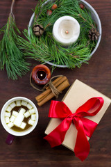 top view wooden table with Christmas gifts