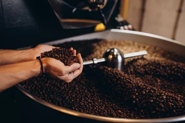 Selbstklebende Fototapeten Freshly roasted coffee beans pouring from a large coffee roaster into the cooling cylinder. © hedgehog94