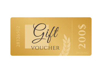 Set of elegant shiny gift voucher with golden bow, ribbon and paper shopping bag. Vector template for gift card, coupon and certificate with ornate background. Isolated from the background