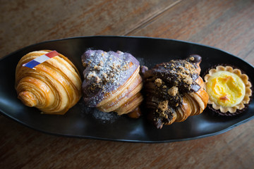 Freshly baked french croissants. Breakfast Continental with many Fresh Croissants with Chocolate.