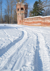 Traces of the car in the snow.