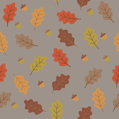 Fototapeta na wymiar orange yellow, brown and beige oak tree leaves and accorn, seamless vector seasonal autumn background